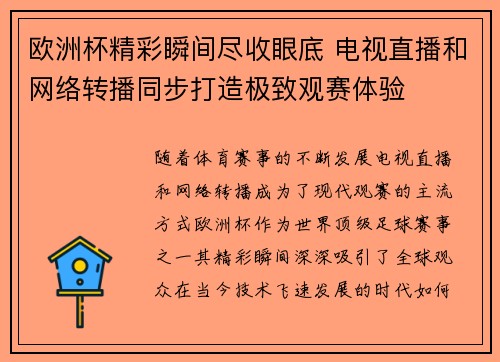 欧洲杯精彩瞬间尽收眼底 电视直播和网络转播同步打造极致观赛体验