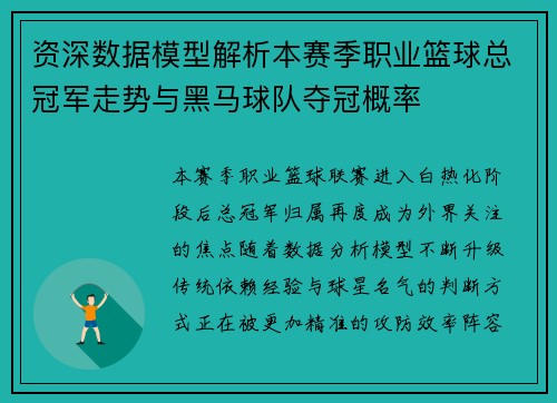 资深数据模型解析本赛季职业篮球总冠军走势与黑马球队夺冠概率
